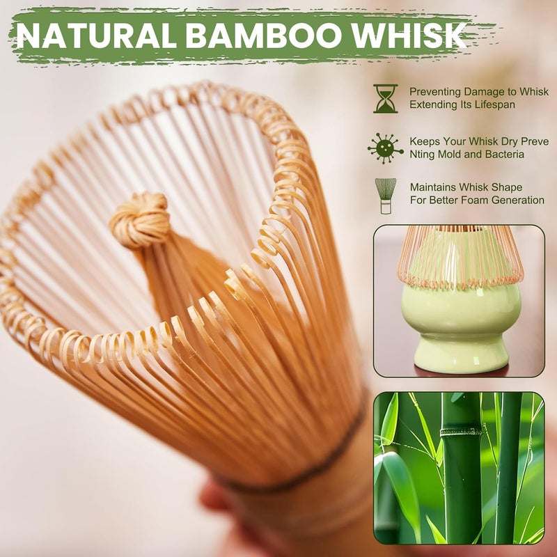 RANERANE Matcha Whisk Set, Sakura Green Ceramic Matcha Set Includes Matcha Bowl, Matcha Whisk (Chasen) and Holder, Sifter, Bamboo Scoop & Spoon - 6 Pcs Matcha Kit for Matcha Lovers - Image 3